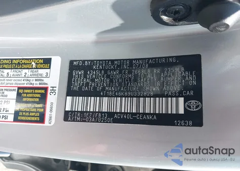 2009 Toyota Camry Le из США, поврежденный, VIN 4T1BE46K89U332828